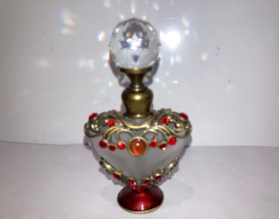 Red Rhinestone Heart Perfume Bottle, Red Jeweled … - image 1