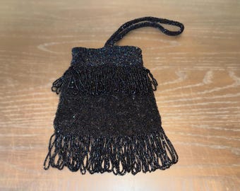 Antique Beaded Flapper Purse, Antique Iridescent Black Beaded Purse, Opera Bag, Beaded Flapper Purse, 1900 Fringe Purse, Beaded 6 1/4" wide