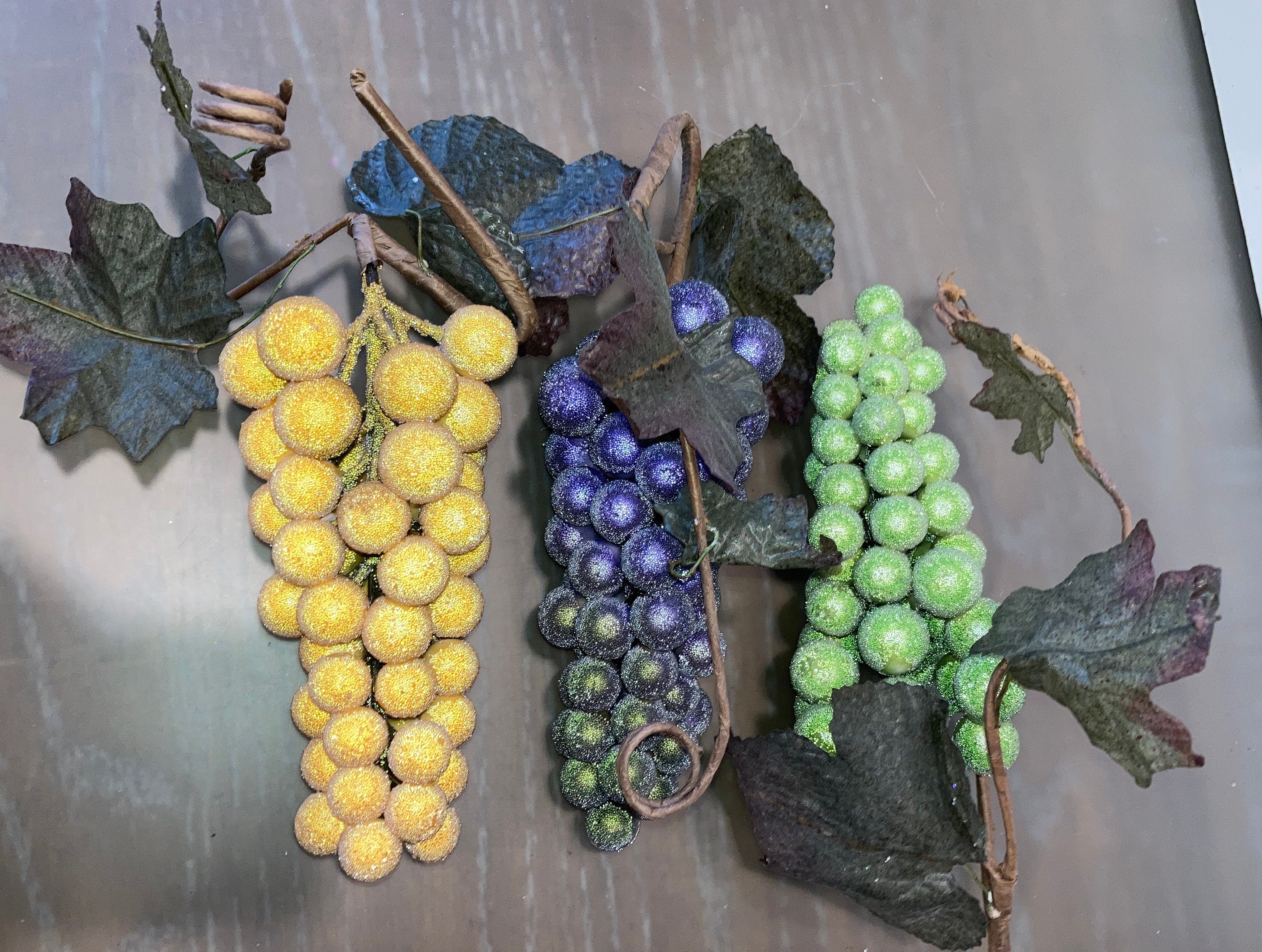 3 Vintage Micro Beaded Grapes, Beaded Green Grapes, Beaded Yellow