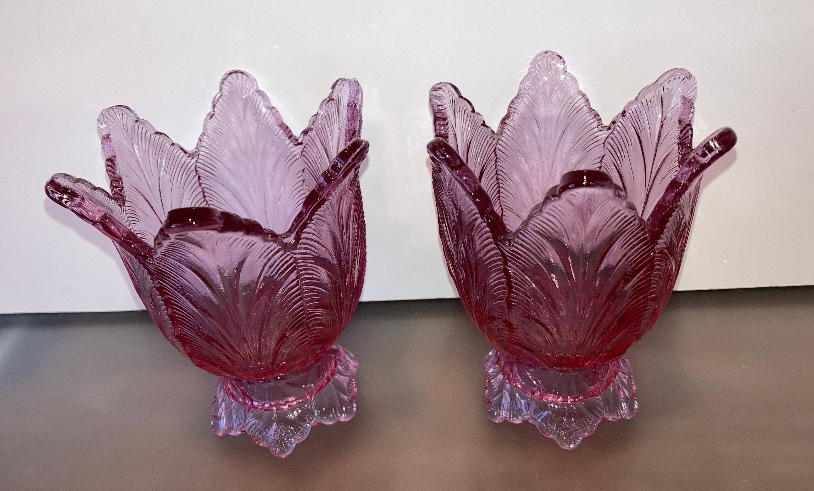 Pair of Fenton Amethyst Pink Glass Cabbage Candle Holders, Pink