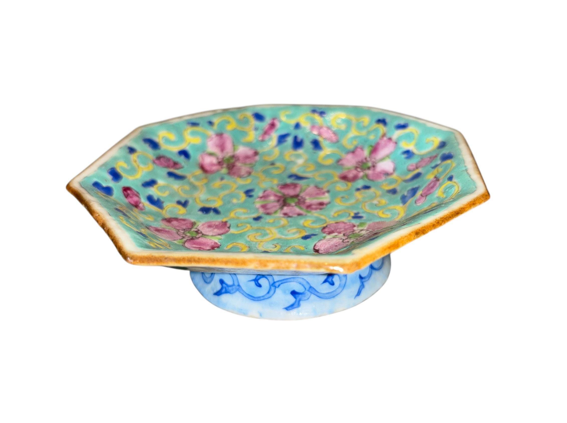 19th Century Chinese Famille Pedestal Bowl, Antique Chinese Qing Dynasty Bowl, Chinese Octagon 5" Bowl, Chinese Enamel Bowl, SEE Photos