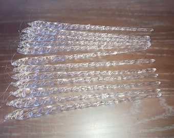 12 Glass Icicle 10" Ornaments, Handcrafted Twisted Glass Icicles, Christmas Icicle Ornaments, Spiral Glass 10" Ornaments, Set of 12, in Box