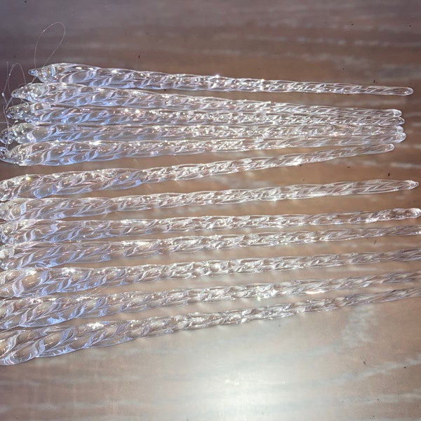 12 Glass Icicle 10" Ornaments, Handcrafted Twisted Glass Icicles, Christmas Icicle Ornaments, Spiral Glass 10" Ornaments, Set of 12, in Box