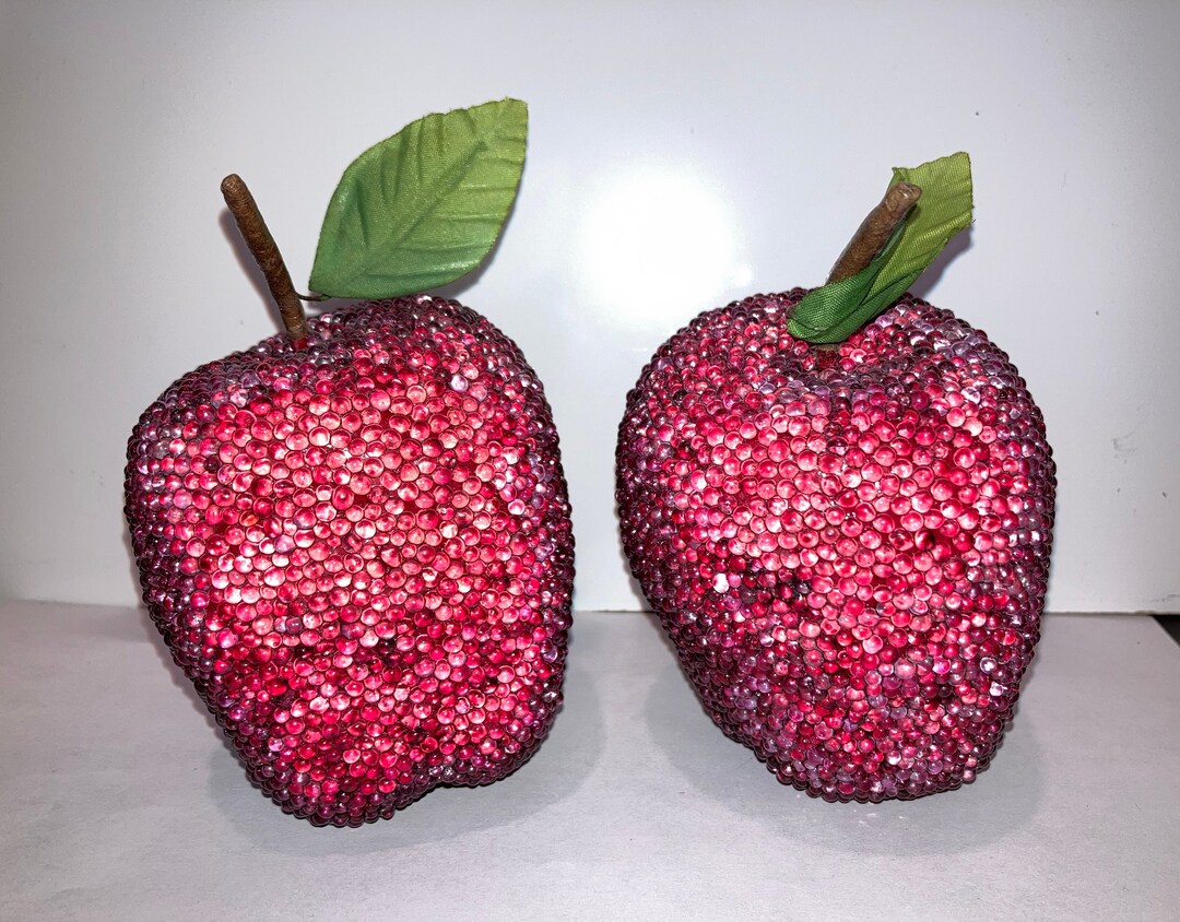 2 Vintage Beaded Apples, Beaded Artificial Fruit, Beaded Red Apples, 2