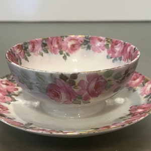 Limoges GOA 4 1/4&quot;Bowl Plate, Vintage Limoges Pink Roses Bowl, Hand painted Pink Roses with Attached Underplate, Haviland Limoges GOA France