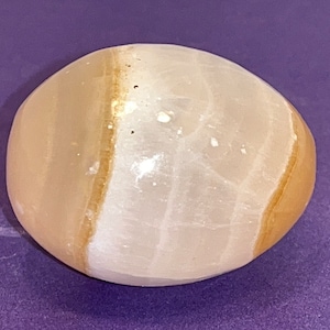 May include: A smooth, white and brown, oval-shaped, polished stone with a banded pattern.