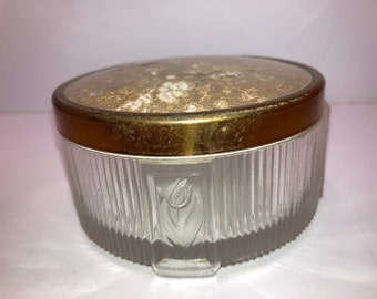 Vintage Encased Fabric Vanity Jar, Art Deco Lidded Powder Jar, Vintage Gold Lid Dresser Jar, Vintage, Powder Jar, Art Deco Vanity