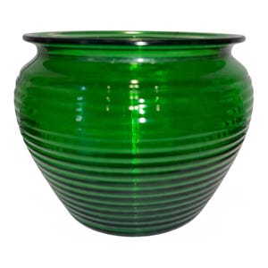 May include: A vibrant emerald green glass bowl featuring a rounded, bulbous shape with a series of horizontal, raised ridges encircling the exterior. The bowl has a smooth, flared rim and a translucent finish that allows light to pass through.