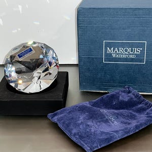 Waterford Marquis Diamond, Marquis 107974, Waterford 3 1/4&quot; Solitaire Diamond, Crystal Faceted Diamond Paperweight, with Base, New in Box