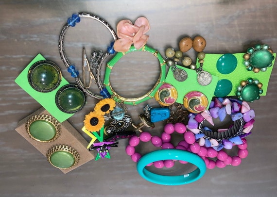 Vintage Bright Colored Jewelry Lot, Earrings in G… - image 1