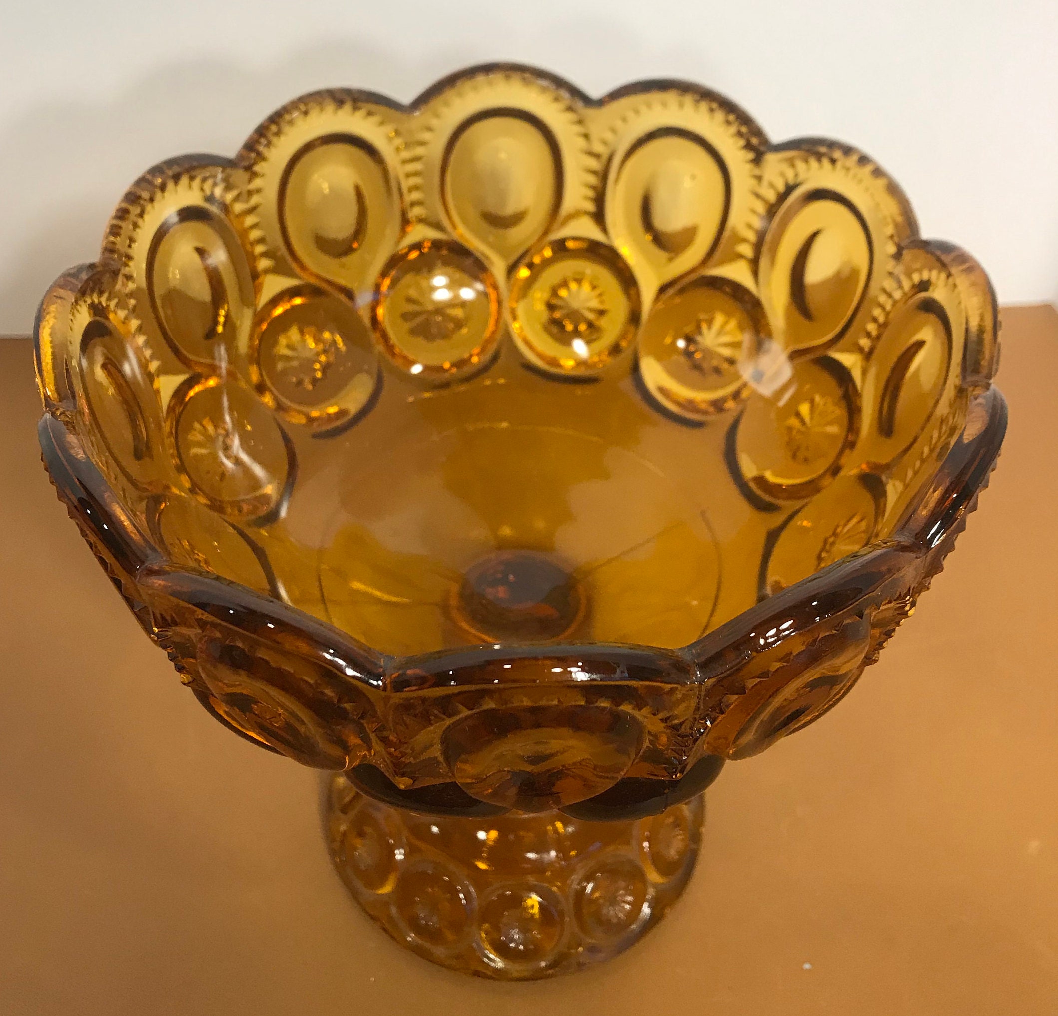 Vintage Depression Glass Amber Pedestal Bowl LE Smith Amber Etsy