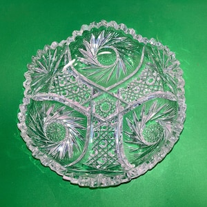 Antique American Brilliant Sawtooth Candy Dish, ABP Stars Cut Glass, Hobstar 7&quot; Low Bowl, ABP Glass Sawtooth Dish, Hobstar Lace Bowl