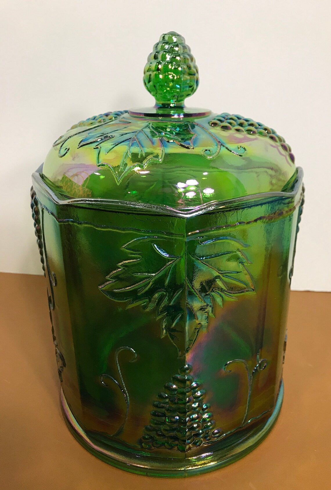 Vintage Indiana Green Carnival Glass Harvest Grape Canister Etsy