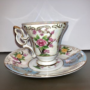 Taza de té vintage con rosas inglesas, platillo de taza con rosas rosas de Royal Halsey, taza de té de loza lustrosa con flores japonesas, platillo de taza azul con flores ornamentadas