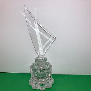 Vintage Czech Perfume Bottle, Large Feather Stopper Perfume Bottle, Square Cut Faceted Perfume Bottle, Art Deco Perfume Bottle, Mint