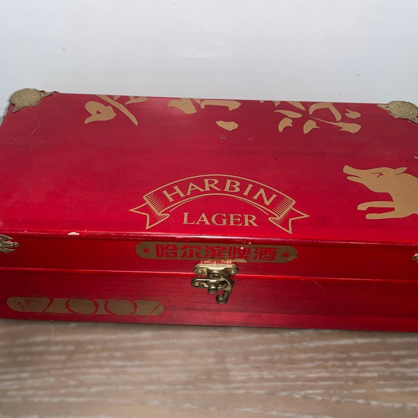 Harbin Lager Red Bottle Box, 2007 Year of the Boar Red Wooden Box, Red Box with Brass Corner Accents, Red Wooden 13" Hinged Box, Storage Box