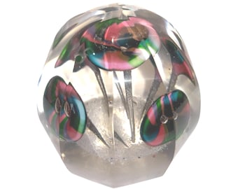 Vintage Art Glass Paper Weight, Vintage Pink Green Floral Paperweight, Floral Paper Weight, Faceted Domed Paperweight, Art Glass Paperweight