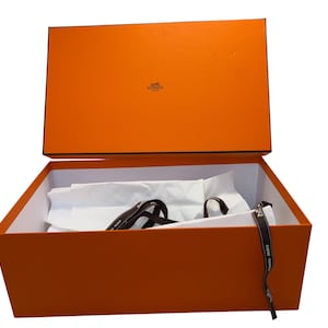 Hermes Gift Box, Empty Hermes Box with Tissue and Ribbon, Hermes Box 5&quot; tall x 14&quot; long x 8 1/2&quot; wide, Hermes Gift Box, Hermes Ribbon, SCUFF