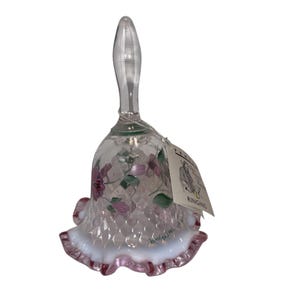 Fenton Opalescent Pink Ruffled Bell, Signed Fenton Pink Crest Bell, Vintage Painted Pink Roses Bell, Fenton Artist JM DePond with Tags