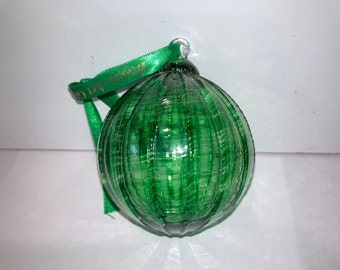 Boyce Art Glass Ornament Ball, Green Ribbon Blown Glass Ornament, Handmade Art Glass Emerald Green Ornament, Blown Green Ornament Ball, Mint