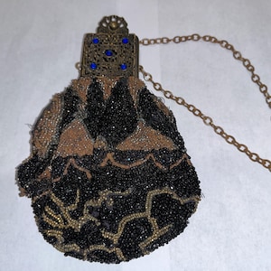Antique Art Deco Micro Beaded Purse, Antique Black Beaded Purse Silver Frame Purse, Beaded Flapper Purse, 1900 Beaded 5&quot; wide  X 7&quot; tall,old