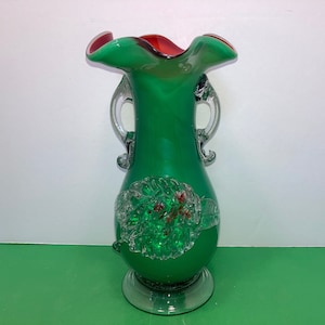 Vintage Green Vase, Applied Clear Handle 9&quot; Vase, Vintage Green Cased Vase, Vintage Applied Glass Flower Vase, Orange Lined Green Vase, Mint