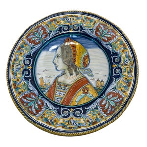 Antique Deruta Pottery Female Portrait, Dipinto A Mano 17&quot; Wall Plate, Renaissance Majolica Deruta Gino Peccetti, Deruta Italy Women Figure