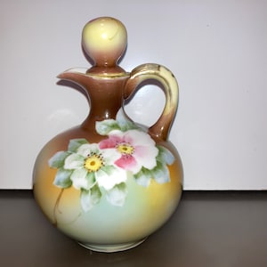 Vintage Nippon Cruet, Nippon Hand Painted Flowers Cruet, Nippon Bottle with Stopper, Cruet Magnolia Flowers, Painted Flowers Cruet Bottle