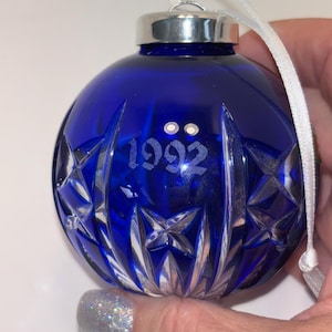 Waterford Cobalt Blue Cased Ball Ornament, Waterford Marquis Cased 1992 Ornament, Waterford Cut to Clear Blue Etched Ball, Mint