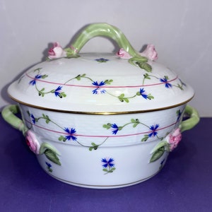 Vintage HEREND Blue Garland Round Vegetable, Herend 8 1/2&quot; Covered Bowl, Herend Lidded Casserole, Herend 43 Green Handle Lidded Bowl, Mint