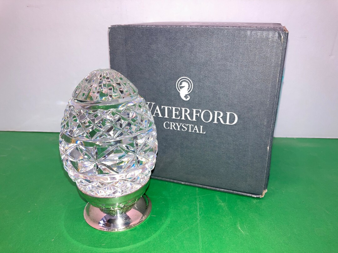 Waterford 1990 Crystal Egg on Stand, Signed Waterford Crystal Paper