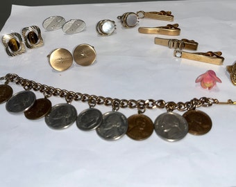 Gemelos Swank vintage, gemelos Swank vintage, pulsera de monedas de 1960 de 6 1/2", eslabón de puño de oro, tachuela de corbata de oro vintage, gemelos para hombre