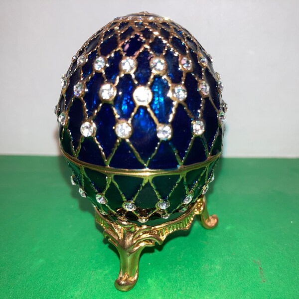 Blue Enamel Rhinestone EGG, Faux Faberge Egg Trinket, Blue and Gold Swarovski Crystal Egg, Magnetic Jeweled Egg on Stand, Mint