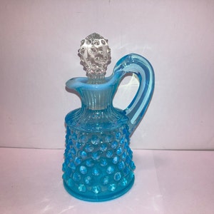Vintage Fenton Hobnail Opalescent Cruet, Fenton Blue Opalescent Glass Cruet, Fenton Turquoise Blue Cruet Original Stopper, Fenton 5&quot; Cruet