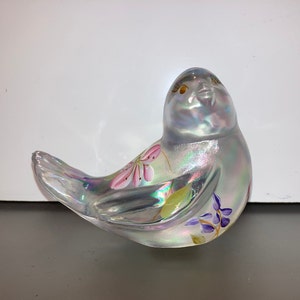 Fenton Iridescent Painted Song Bird, Fenton Printed Bouquet Bird, Bird Painted Mixed Flowers Fenton,Fenton Hand painted Iridescent Song Bird