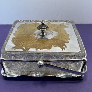 Antique Glass Box with Silver Lid, 1930 Glass Box with Silver Cady, 6&quot; Art Deco Glass Lidded Box, Glass Serving Dish with Lid and Cady
