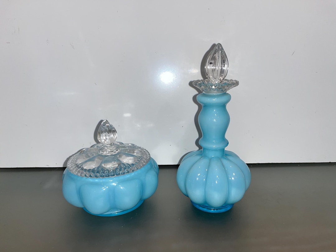 Fenton Progressive Set Fenton Blue Mellon Vanity Set, Fenton Opalescent Blue Lidded Powder ...
