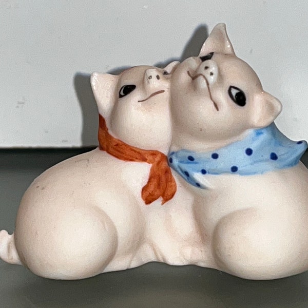 George Good Pink Pigs, 2" Vintage Porcelain Pigs, Bisque Finish Pigs, Sitting Pink Pig Figures with Bandanas, Mini Pig Figures, Mint