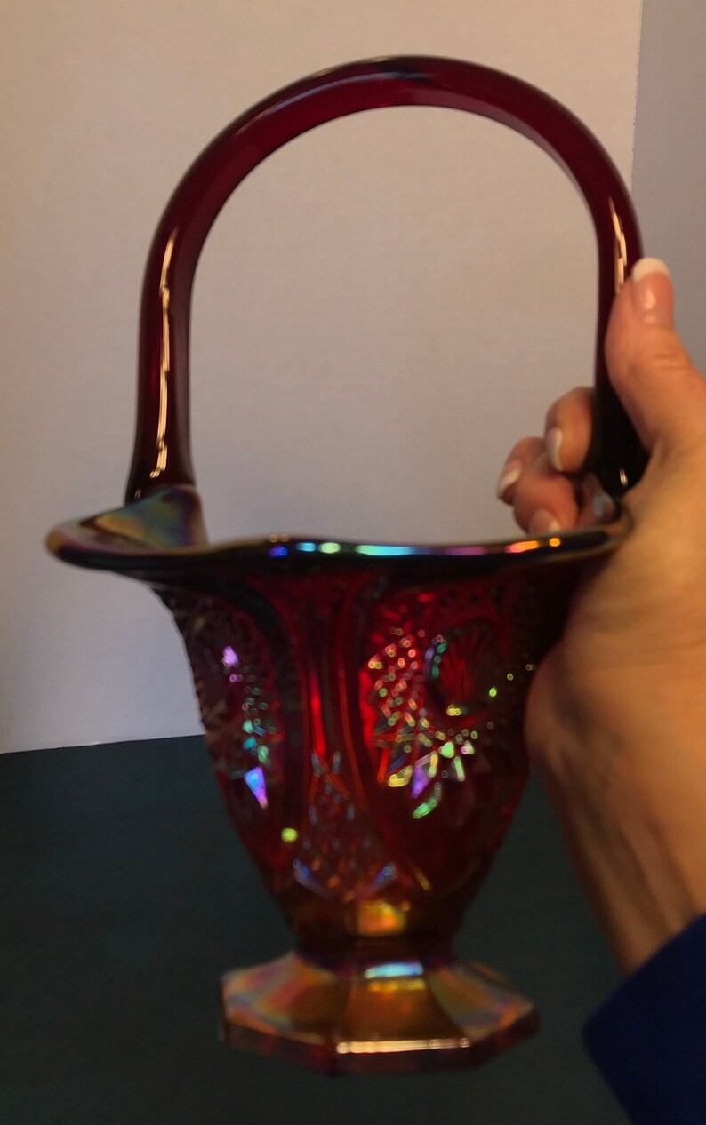 Vintage Fenton Red Carnival Glass Basket Fenton Iridescent Etsy