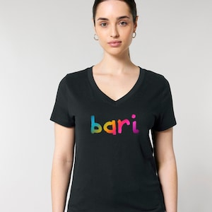 May include: Black v-neck t-shirt with a rainbow gradient "bari" graphic.