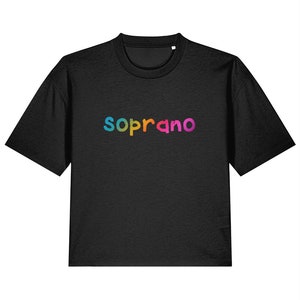 May include: Black cropped t-shirt with a rainbow colored "soprano" graphic.
