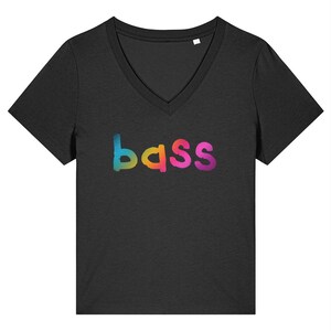 May include: A black V-neck t-shirt with the word "bass" printed in rainbow colors.