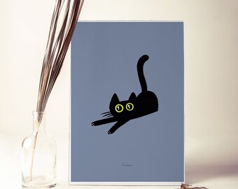 Schwarze Katze Sprung Kunstdruck, minimalistische Haustier Illustration