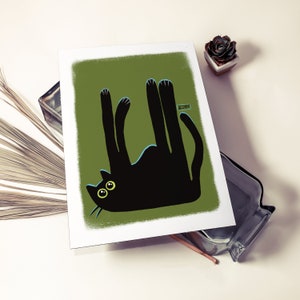 Bear Cat Green, black cat illustration, cat mum gift, cat dad present, Asian Korean influenced wall art