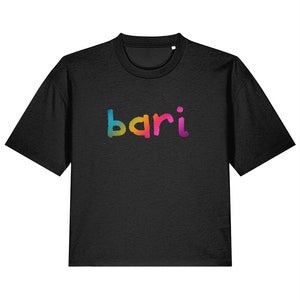 May include: Black cropped t-shirt with a rainbow gradient "bari" graphic.
