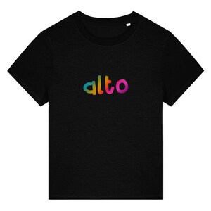 May include: Black t-shirt with a rainbow gradient "alto" graphic.