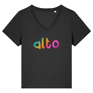 May include: A black V-neck t-shirt with the word "alto" printed in rainbow colors.