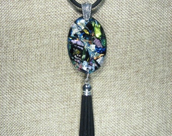 Dichroic Glass Pendant - Black Tassel