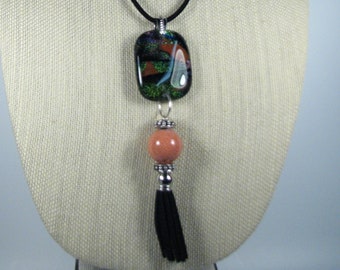 Dichroic Glass Pendant - Tassel Necklace Green Streaky