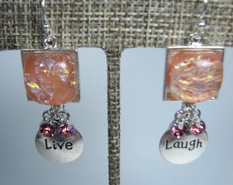 Dichroic Glass Dangle Earrings Live and Laugh